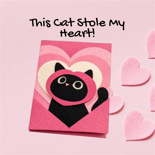 Layered Felt Valentine Card Tutorial | PDF   SVG Files | Black Cat With Heart Hat | A5 - Etsy