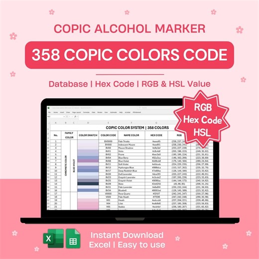 Copic Color Code Chart 358 Farben | Excel-Datenbasis RGB HSL HEX | Farbsystem - Etsy.de