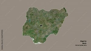Niger, state of Nigeria, with its capital, localized, outlined and zoomed with informative overlays on a satellite map in the Stereographic projection. Animation 3D
