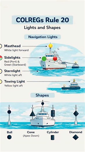 George Aguilor on Instagram: "COLREGS Rule 20 sets the stage: lights and shapes aren’t optional. Know when they apply, or risk confusion and failed exams. Learn COLREGs navigation lights, day shapes, and vessel signaling essentials—perfect for cadets, junior officers, and maritime trainees preparing for collision regulations mastery. Follow @georgeatseaai for more simple rules of the road. “For educational purposes only, please refer to the official IMO collision regulation rules publication.”"