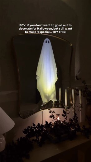 Lindsey Baise on Instagram: "DIY ghost hologram mirror hack! 👻✨🪞 This is definitely become by favorite Halloween DIY yet! So simple to recreate the look alike that is $400! And the ghost decals have already become a huge hit with our kiddos! You can reuse them all over the house! FOLLOW ALONG for more seasonal decor and drop any comment for the links to the exact decals, spotlights, and garland (all under $50 from Amazon) as well as a few mirrors that will work including the one shown here! Sa