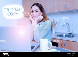 Sign displaying Original Copy, Business approach Main Script Unprinted Branded Patented Master List Office Meeting Online, School Video Conference, Wo Stock Photo - Alamy