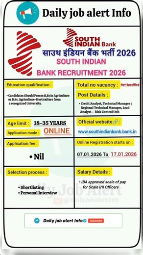 SOUTH INDIAN BANK RECRUITMENT IN 2026||DAILY JOB ALERTS||DAILY JOB ALERT INFO||#shorts