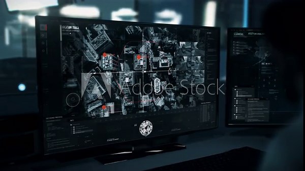 Tracking Modern City Location During Spy Surveillance Mission. Spy Location Tracking With Radar Grid Scanning User Interface. Spy Location Tracking Software Used For Crime Prevention Measures. Tech