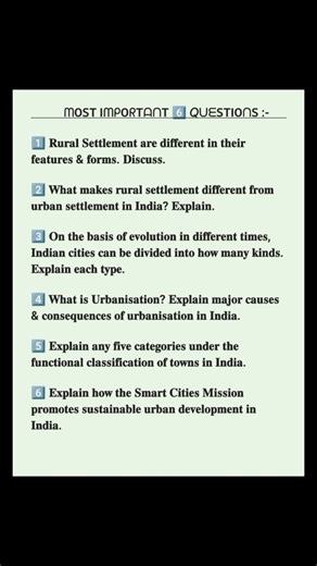 TOP 6️⃣ QUESTIONS from CHAPTER-2 Human Settlements Class 12 Geography. #letsgradeupknowledge #shorts