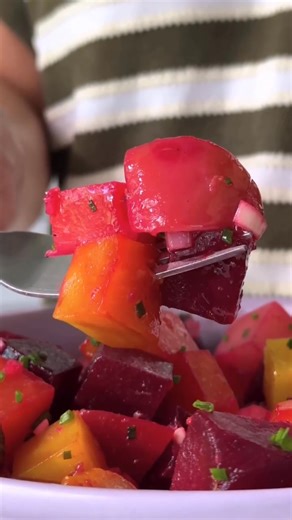 43K views · 348 reactions | This rainbow beet salad is stunning on the table and nourishing on the plate. Roasted multicolored beets get tossed in a lemon-ginger vinaigrette that brightens every bite. The result is a salad that’s vibrant in both color and flavor, making it equally at home on the holiday table. Follow the link in the comments to view the recipe—then click the heart icon on the recipe page to save it. 勺 | EatingWell | Facebook