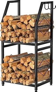 VyGrow Firewood Rack for Indoor, 2-Tier Firewood Holder with 3 Hanging Hooks, Heavy Duty Wood Rack for Outdoor Patio, Black