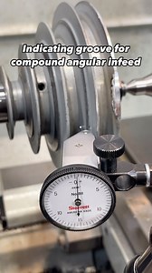 Using my @starrett_tools No. 811 test indicator to get the compound slide aligned with the v-groove angle. Vintage South Bend drill press pulley that was chipped welded then machined for a machined being restored. #abom79 #machineshop #manualmachining #manualmachinist #manufacturing #starrett #machineshop #vintagemachines #oldtools #machinisttools #precisiontools #starretttools #testindicator #southbend #pulley #lathe #lathework | Abom79