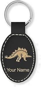 LaserGram Oval Keychain, Stegosaurus Dinosaur, Personalized Engraving Included (Black with Gold)