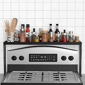 Stove Top Shelf, Kitchen Over Shelf for Stove, Stove Spice Rack for Top, Adjustable 27-33inch, Fits Various Stove Lengths, Kitchen Spice Organizer, Condiments and BBQ Sauces, Black