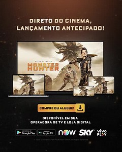 Monster Hunter conquistou os consoles e agora chegou a hora de conquistar não apenas a sua TV, mas também seu tablet, celular, notebook... Isso porque o novo filme estrelado pela Milla Jovovich chegou direto dos cinemas para sua casa! Compre ou alugue agora mesmo #MonsterHunterFilme nas plataformas digitais (Operadora de TV, Loja Digital e Console de Vídeo Game), e assista quando, onde e como quiser! | PlayStation