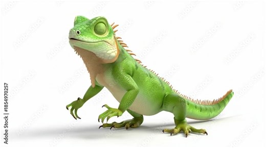 Playful, colourful, green iguana an adorable, animated 3D cartoon reptile pet character model. Bright digital animal illustration with exotic scale, fun and isolated