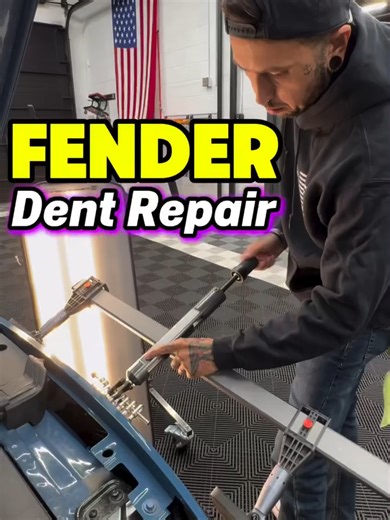Fender dent repair 👇🏽 With the size of this dent and being on a body line I want to pull as much of the damage out as I can using glue. I used a curved tab with cam auto collision glue placing it directly in the body line. Using a bridge pulled I applied pressure slowly working it up. Once the metal was up I used a soft blow to remove the crowns. from that point the metal was ready to be worked with a tool. I used a tequila rod with a black magic soft cap to do the bulk of the pushing then red