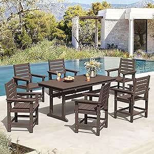 Patio Table and Chairs Set 7 Pieces, HDPS Weather Resistant Outdoor Dining Set, Rectangle Outdoor Dining Table with 6 Chairs for Patio Balcony Garden Poolside Deck Restaurant, Dark Brown