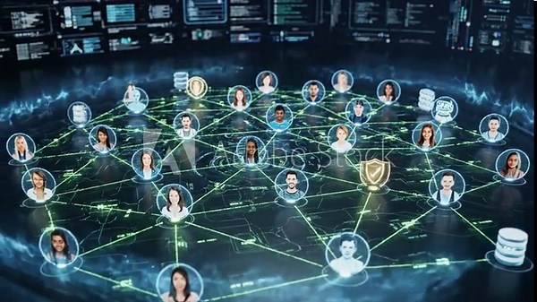 Abstract web of human profile icons depicting role-based access oversight, showcasing identity management structures, credential assignment, and cybersecurity authorization mapping