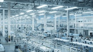 Electronics Factory 3D Concept: Automated Robot Arm Assembly Line Manufacturing Advanced Electronic Components for Different Industries. High Angle Zoom Out Overview of an Operating Conveyor Line