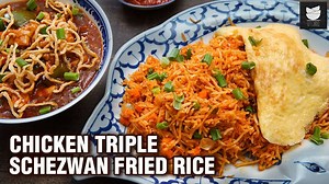 Today Chef Tarika brings you one of the most loved Indo-Chinese dish! 'Chicken Triple Schezwan Fried Rice' on the menu. Watch the recipe now. | Get Curried