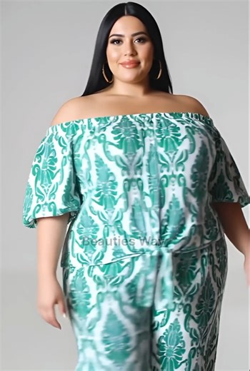 Plus Size Green White Printed Off Shoulder Outfit Jumpsuit Fashion Collection
