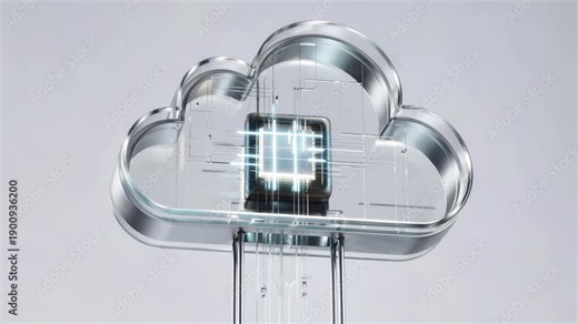 Transparent cloud icon reveals glowing microchip as data streams through a futuristic cloud computing system