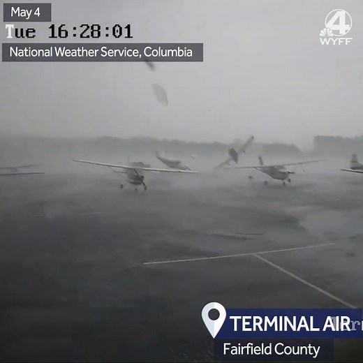 😮CAUGHT ON CAMERA!😮 Watch as Tuesday's EF1 tornado blows through Rion, South Carolina, passing the Fairfield County Airport and flipping a tied-down airplane! Wait for what looks like a transformer exploding in the background. 📹 U.S. National Weather Service (NWS) Columbia, SC | WYFF News 4