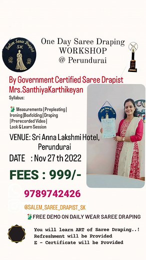 2.9K views | Saree Draping One Day WORKSHOP @ Perundurai (Look &...