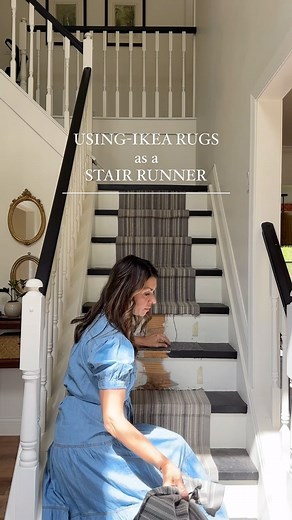 Michelle Morehouse | Interior design on Instagram: "Using IKEA rugs as a stair runner pros and cons. . Let’s start with the pros 1. Budget friendly. I used IKEA Transportled rugs which are $7 each. I needed 10 so $70 total. 2. Pattern. I was looking for a stripe and the gray and cream stripe pattern was neutral and worked 3. Size. The stairs are narrow and I wanted more exposure of the steps rather than being hidden by the runner. 4. Replacement. Because they are rugs, it’s easy to replace a sec