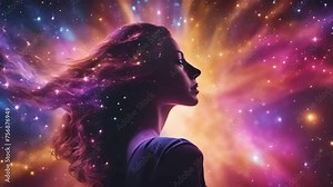 cosmic women silhouette, sparkling floating, women silhouette, relaxing videos, nature videos, asmr video, youtube, viral, trending, cosmic, 4k, semaless looping, stock videos
