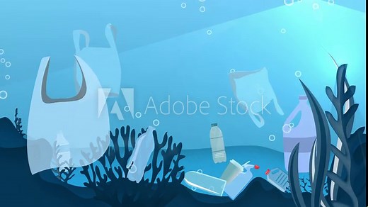 A stock motion graphics footage on the pollution created in Earth's oceans with plastic wastes (single-use water bottles, straws, bags, coffee cups etc)