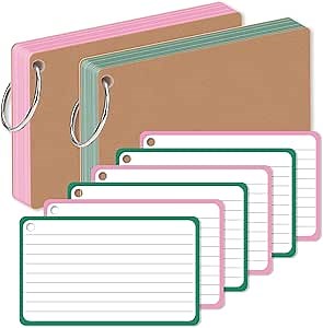 120 Sheets Index Cards 3 × 5, Lined Note Card with Ring for Studying Note-Taking, Pocket Notebooks for Office & School & College Supplies (Pink & Green)