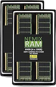 NEMIX RAM 64GB (4X16GB) DDR4 3200MHZ PC4-25600 2Rx8 1.2V CL22 288-PIN ECC RDIMM Registered Server Memory KIT