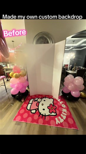 DIY Hello Kitty party backdrop. Decided to make my own backdrop! How did I do? *Balloon tower stand from Dollar Tree * Hello Kitty rug from Amazon * Assorted Balloons from Walmart *Hello Kitty foil balloons from Amazon * project poster boards (2) from Walmart * Stickers and letters made by me using my Cricuit machine