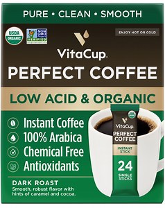 VitaCup Perfect Low Acid Coffee Instant Packets, Dark Roast Organic Coffee, 24 Count