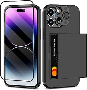 SAMONPOW for iPhone 14 Pro Case Wallet Hybrid 14 Pro Protective Case with Card Holder & Screen Protector & Camera Cover Full Body Shockproof Bumper Cover Case for Women Men (Black)