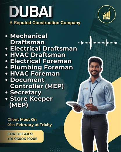 Grow_Gulf_Job_Services on Instagram: "A Reputed Construction Company – Dubai The following positions are required: • Mechanical Draftsman • Electrical Draftsman • HVAC Draftsman • Electrical Foreman • Plumbing Foreman • HVAC Foreman • Document Controller (MEP) • Secretary • Store Keeper (MEP) Client Meet On: 01st February Location: Trichy #growgulfjobservices"