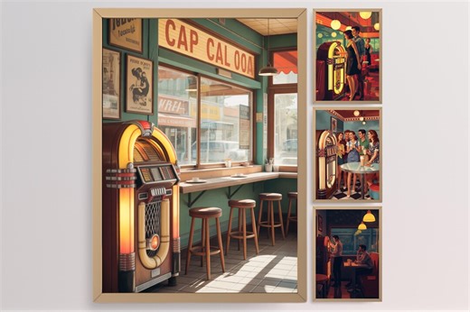 Americana Jukebox Wall Art Printable Retro Diner Cafe Nostalgia Poster Design Set of 4 - Etsy