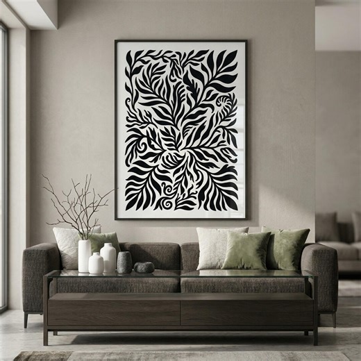 Black and White Botanical Pattern | Modern Abstract Leaf Wall Art | Digital Download Print