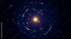 seamlessly looping blue golden atom concept animation shining glowing proton neutron nucleus, visualization of atom space physics of centric gravity as idea of electrons orbiting as ordered particles