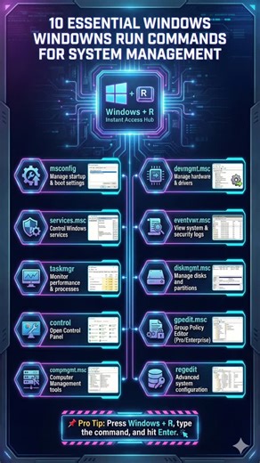 BD Tech Tips on Instagram: "💻 10 Essential Windows Run Commands for System Management ⚙️ Speed up system administration and access powerful Windows tools instantly using Run commands (Win + R). 🔹 msconfig – Manage startup & boot settings 🔹 services.msc – Control Windows services 🔹 taskmgr – Monitor performance & processes 🔹 control – Open Control Panel 🔹 compmgmt.msc – Computer Management tools 🔹 devmgmt.msc – Manage hardware & drivers 🔹 eventvwr.msc – View system & security logs 🔹 disk