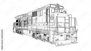 Modern diesel railway locomotive with great power and strength for moving long and heavy railroad train. 3d video illustration with outline stroke lines