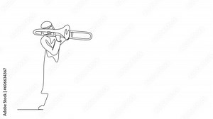 Animated self drawing of continuous line draw Arabian trombone player. Performer play instrument. Music artist boy. Jazz man. Musician play trumpet. Classic music. Full length single line animation