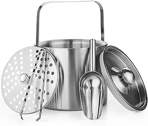 Ice Bucket with Lid, Ice Tongs, Spoon, and Strainer - Double Walled Insulated Stainless Steel to Keep Ice Frozen Longer - Perfect for Parties, Cocktail Bar, Chilling Wine, Champagne - Size 3 Liter