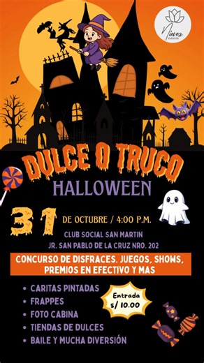 #Anuncio 🎃 ¡La Gran Fiesta de Halloween para toda la Familia! 👻 ¡Atención! Este Viernes 31 de octubre, el Club Social San Martín se transforma en el lugar más divertido y misterioso para celebrar Halloween con nuestro evento "DULCE O TRUCO"🎃✨️🎃 de Eventos Nieves. Hemos preparado una tarde inolvidable para que niños, niñas y toda la familia disfruten al máximo: ✨ Concurso de Disfraces: ¡Prepara el disfraz más creativo y gana premios en efectivo!💸 🤑 La competencia será feroz. 🎉 Shows y Jueg