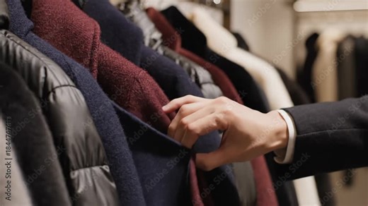 Clothing Rack at a Retail Store - Close up of a person's hand browsing through clothes on a rack in a retail store. The garments are coats and jackets in various colors and materials.