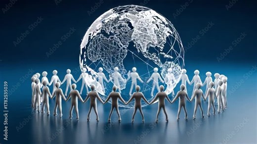 Global Unity: A symbol of global cooperation and solidarity, featuring a diverse group of figures holding hands in a circle around the earth, representing interconnectedness and harmony.