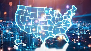 A digital map of the United States with glowing network connections and data points, representing technology and communication.