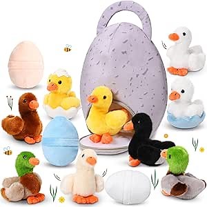HyDren 13 Pcs Easter Duck Stuffed Animals Gift Set for Kids Adults Cute Small Duckies Plush with Egg and Egg Bag Set Duck Toy Gifts for Valentines Baby Shower Birthday Party Classroom Prizes