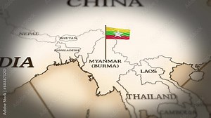 Myanmar flag showing on world map with 3D rendering