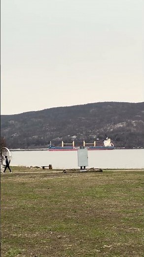 Large ship versus CSX freight in slow speed race #csx #csxriversub #csxtransportation #hudsonriver