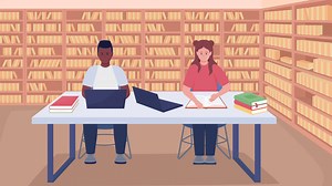 Animated students study in library. Learning on campus. Pupils with laptops. Looped flat color 2D cartoon characters animation with school environment on background. HD video with alpha channel