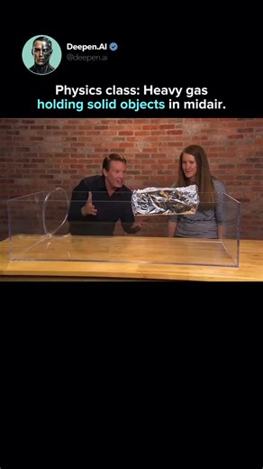 AI. Tech. The next evolution. on Instagram: "What looks like a visual trick is a real demonstration of gas density and buoyancy. The aquarium is filled with sulfur hexafluoride, a gas so dense that it settles at the bottom instead of mixing with air. When a lightweight object like aluminum foil is placed on top, the gas below provides enough resistance to support it. This happens because SF₆ molecules are packed much closer together than air. That density creates an upward force, allowing object
